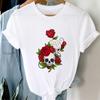 Fashion Ladies T-Shirts Summer Skull Flower Print Female Tee Tops White Tshirt Short Sleeve Streetwear Harajuku Women Tshirts