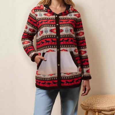 Женский кардиган контрастного цвета с капюшоном, на пуговицах, с карманами, с геометрическим узором, куртка с длинным рукавом, модный топ