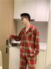 Корейская пара красная клетка кружево длинный рукав пижама