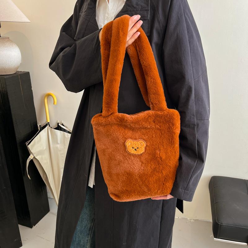 2025 Autumn and Winter New High-value Plush Bag Bucket Bag Large-capacity Bear Embroidered Shoulder Bag Tote Bag Women