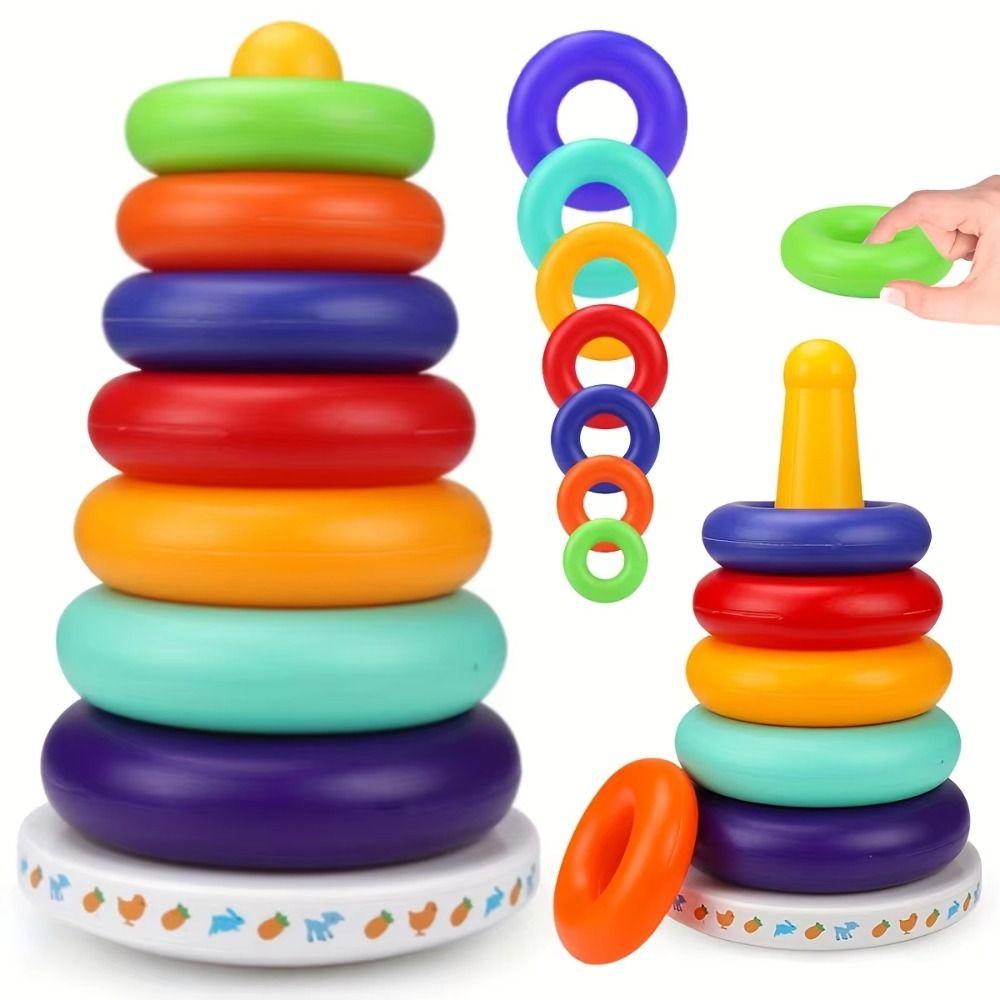 Rainbow Tower Stacking Rings Babies Toy Plastic Sensory Stacking Plugging Toy  Childrens Day Party