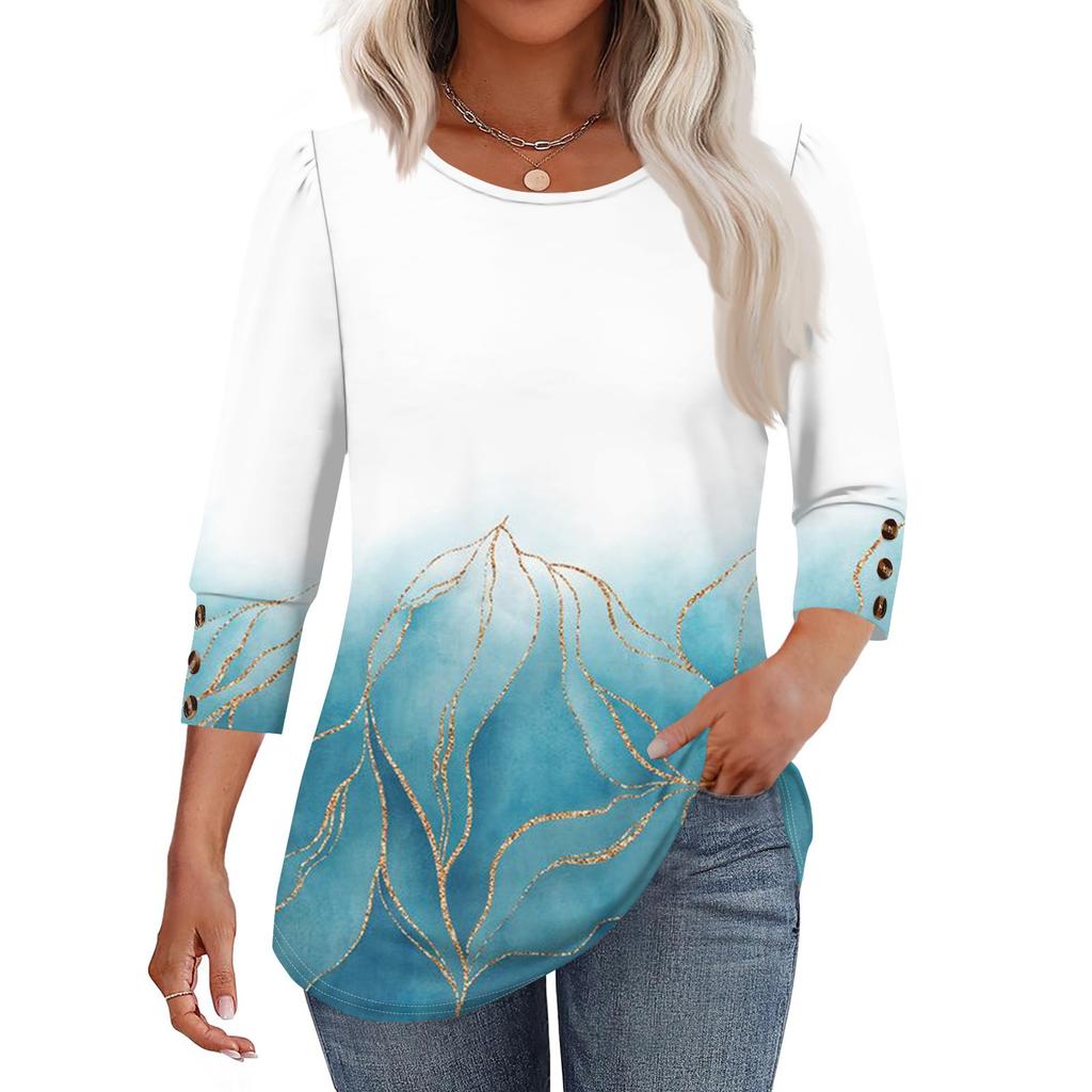 Женская мода Повседневная Винтажная Футболка Топ с круглым вырезом и рукавом в семь сложений с цветочным принтом