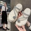 Fashion Versatile Height-increasing Muffin Fairy Style One-word Slippers Female 2025 Summer New Wear Rhinestone Cover Toe Sandals
