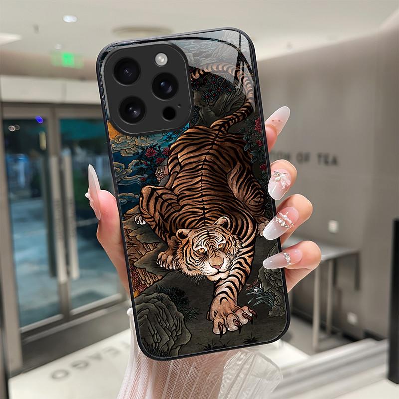 Для iPhone 16 15 Pro Max Plus 16E SE 2025 Закаленное Стекло Чехол для Телефона Крутой Мультяшный Тигр Дракон Защита Камеры Жесткая Задняя Крышка