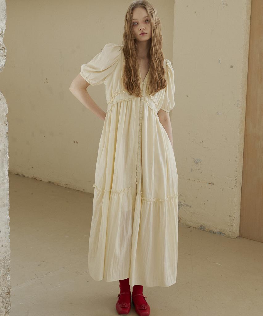 Green Butter Viscos Frill Dress (Cream)