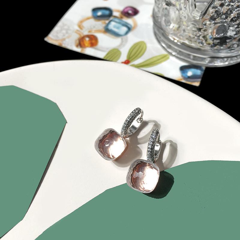 Серебряные серьги с темперой и бриллиантами конфетного цвета, квадратные серьги-гвоздики с кристаллами