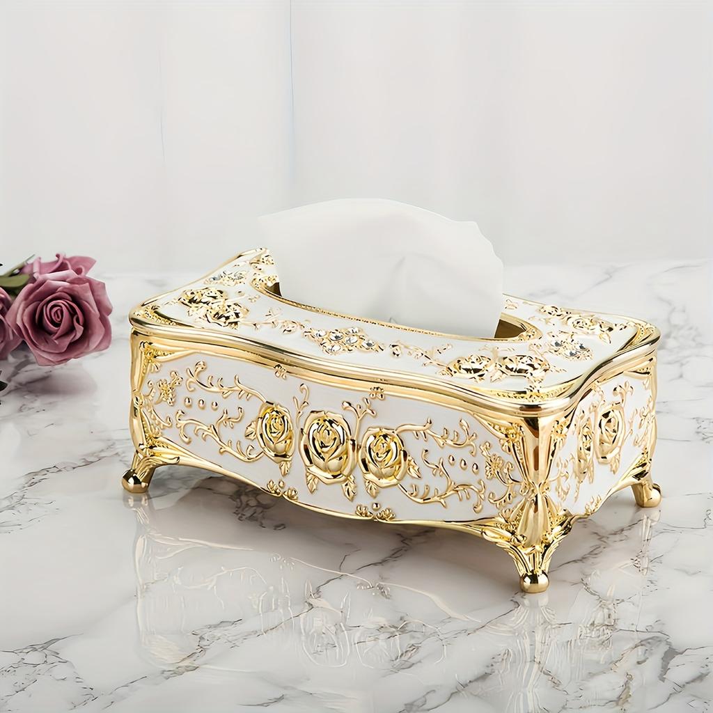 [Коробка для салфеток с узором розы] Роскошная коробка для салфеток с золотым покрытием - Узор розы, Европейский и американский стиль - Подходит для разных комнат и случаев