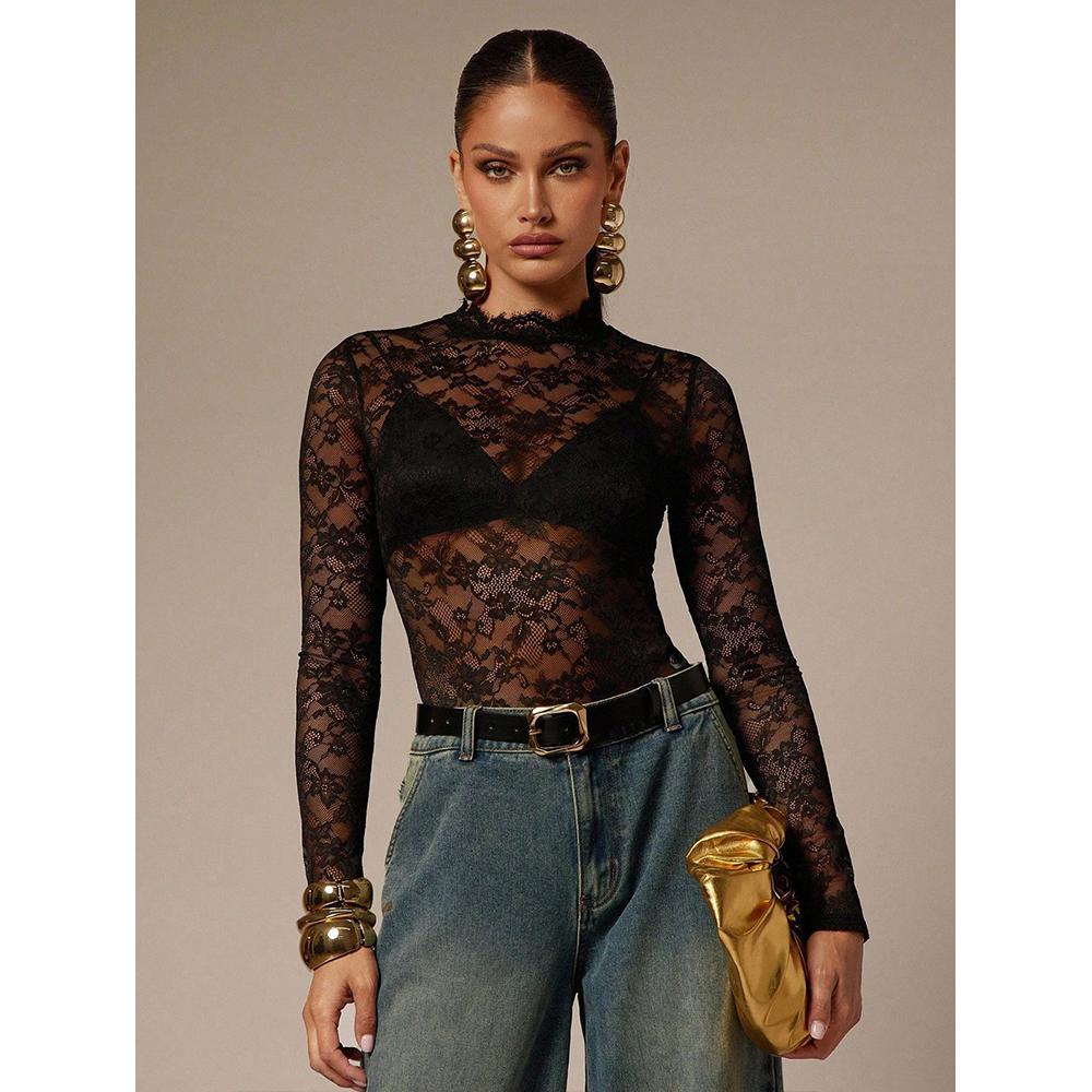 Женский боди-леотард с цветочным кружевом, сетчатый, прозрачный, с воротником-стойкой, с длинным рукавом