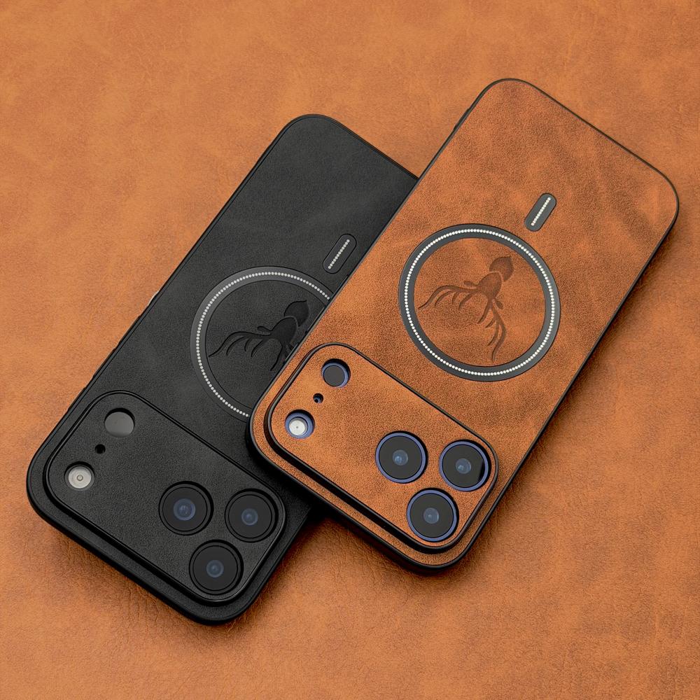 Роскошный чехол из ПУ кожи с узором в виде головы оленя для iPhone 17 16 15 14 13 12 11 Pro Max Plus 17E 16E Для Magsafe Беспроводная зарядка Чехлы