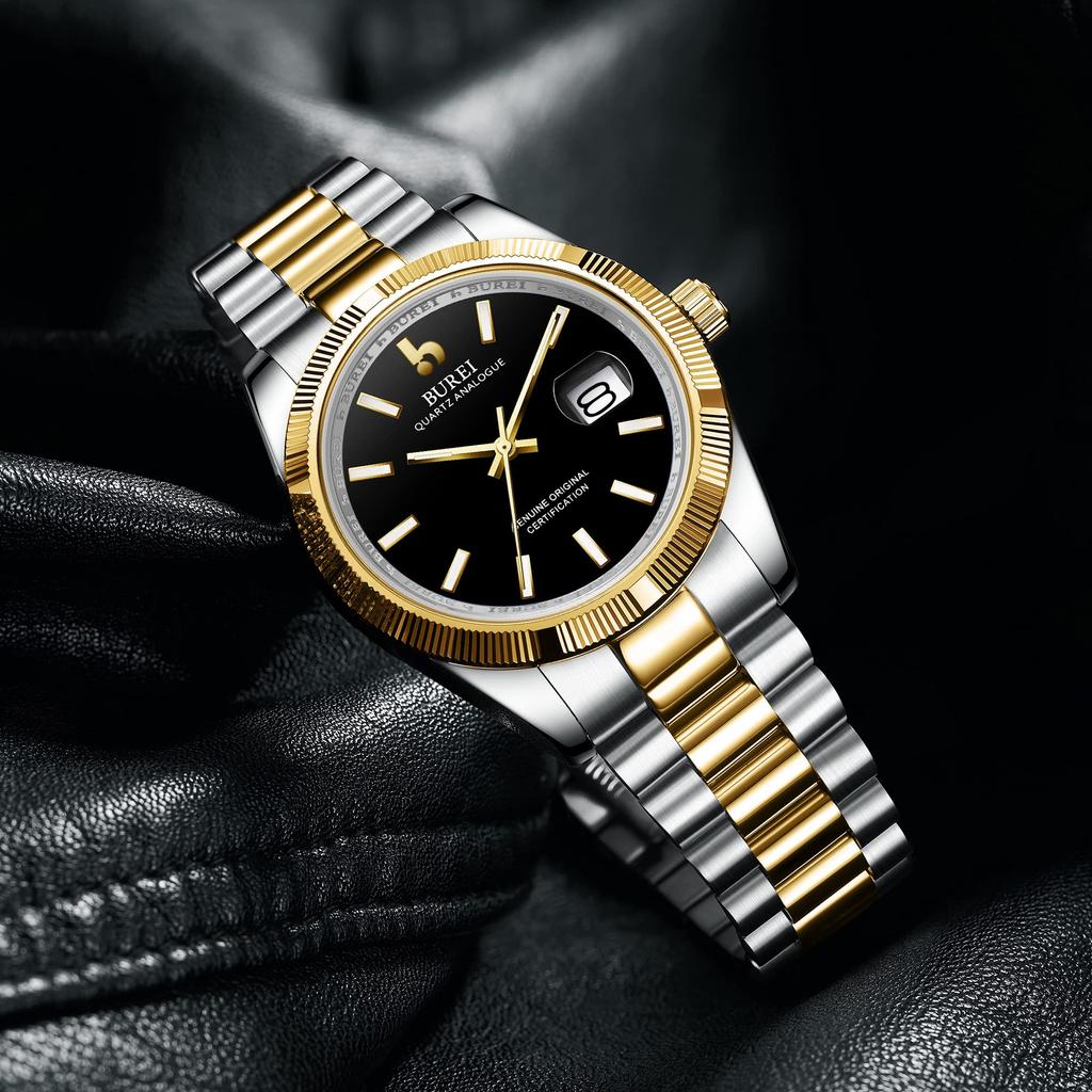 Часы водонепроницаемые брендовые кварцевые аналоговые часы простые популярные деловые модные золотые черные светящиеся часы подарок на день рождения [BUREI] мужские