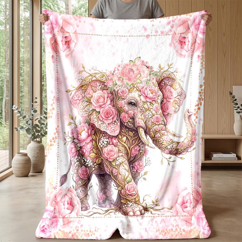 Pink Floral Elephant Card Theme blanket Lightweight Warm Flannel Blanket Decorative Throw Blanket for Home Decoration