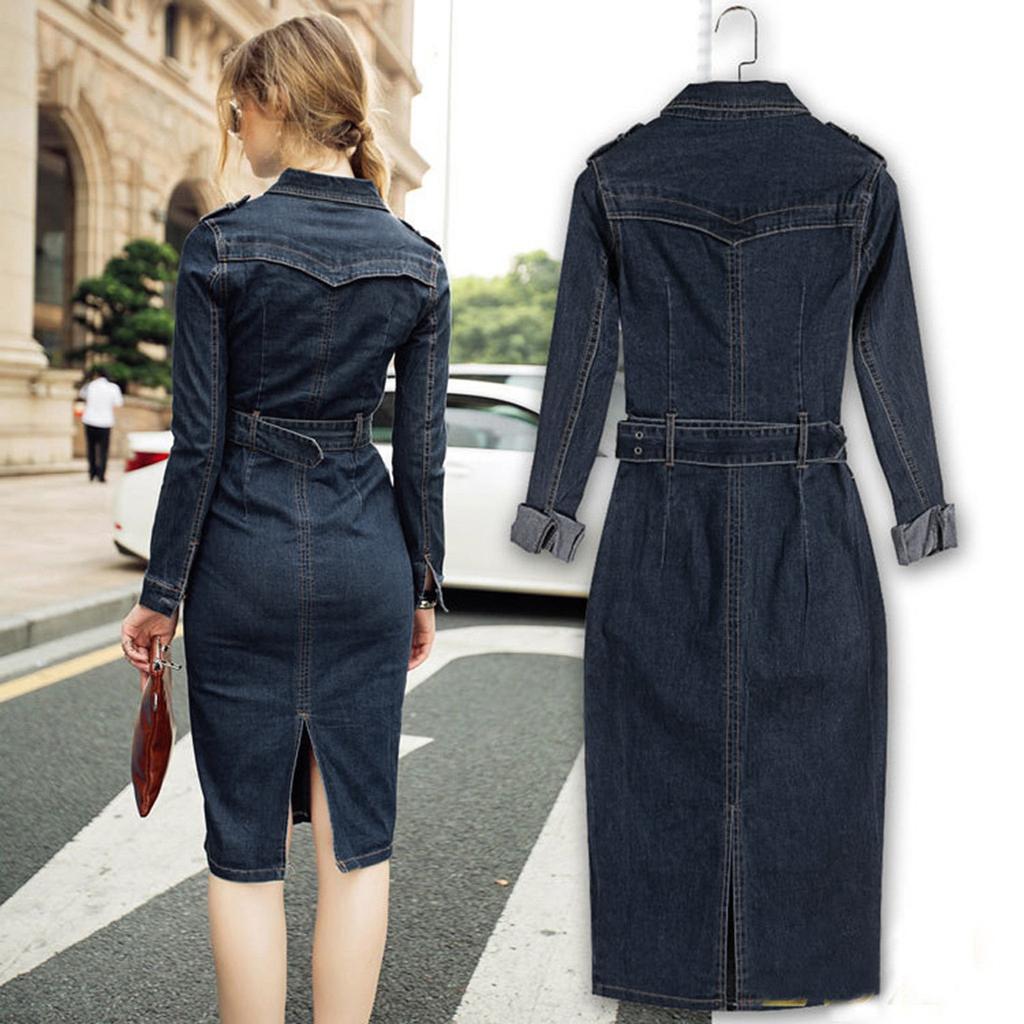 Women Winter Office Slim Jeans Mid-Cuff Dress With Belt For Women Jeans Dress