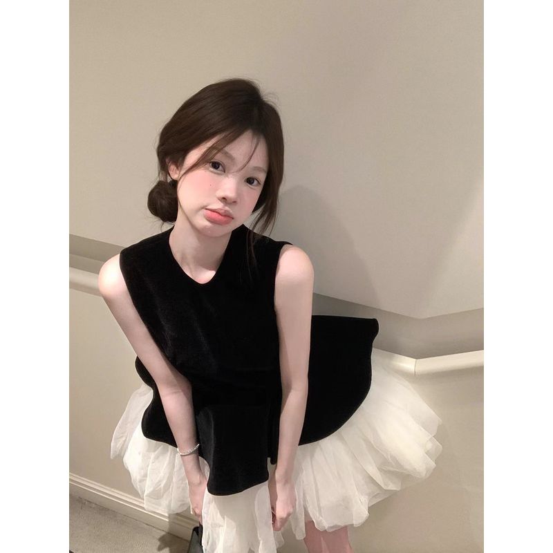 Kumikumi Sweet Style Mesh Patchwork Vest Dress Women Summer French Style Fake Two-Piece A- Line Skirt Pettiskirt