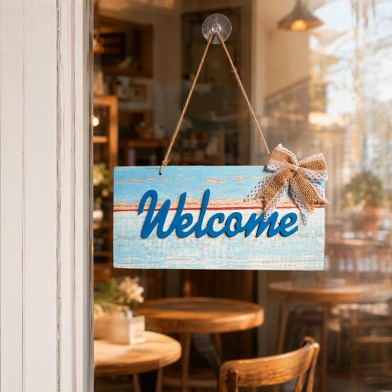 yangyizhi Welcome Decorative Sign, Wooden Mediterranean Retro Style Wall Mounted Door Sign for Indoor Outdoor Use