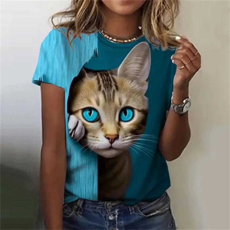 Fashion Women's T-shirt 3D Printed Kawaii Cat Pattern Short Sleeved Round Neck Top Summer Outdoor Casual Street Simple Clothing 4126 KTB