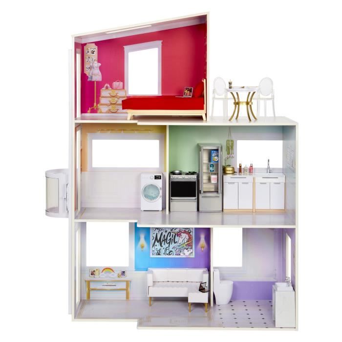 Rainbow High Townhouse - Maison en bois 3 étages et 6 pieces - Ascenseur fontionnel et meubles mobiles