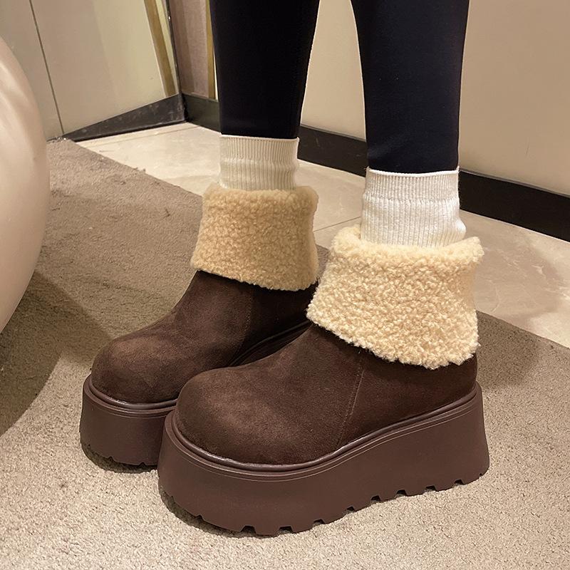 Зимние женские ботинки на толстой подошве, увеличивающие рост, новые, плюшевые, теплые, пушистые, короткие, модные, уродливые и милые, с большой головой, хлопковые туфли