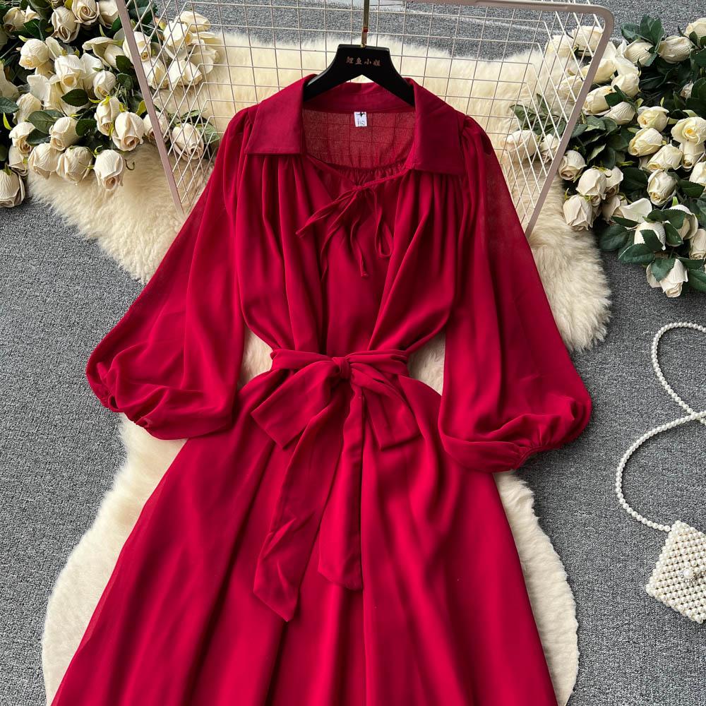 Французские шикарные платья макси для женщин с отложным воротником и рукавами-фонариками, женское летнее платье на шнуровке, женское летнее платье трапециевидной формы, Прямая поставка