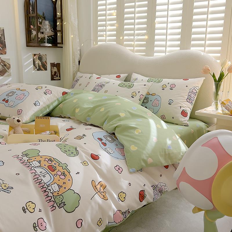Милый комплект из четырех предметов из чистого хлопка, комплект из трех предметов, хлопковая простыня и пододеяльник, пододеяльник с рисунком из мультфильма