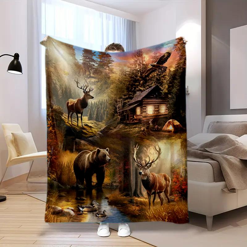 Wildlife Forest Cabin Sunset Blanket Soft And Portable Four Season Home Bed Sofa Blanket Office Travel Lunch Break Warm Blanket A7