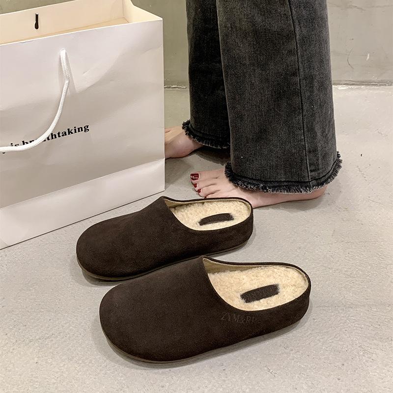 Simple Thick-soled Bag Head and Half Slippers for Women's 2024 New Autumn and Winter Velvet Half-tray One-pedal Boken Slippers