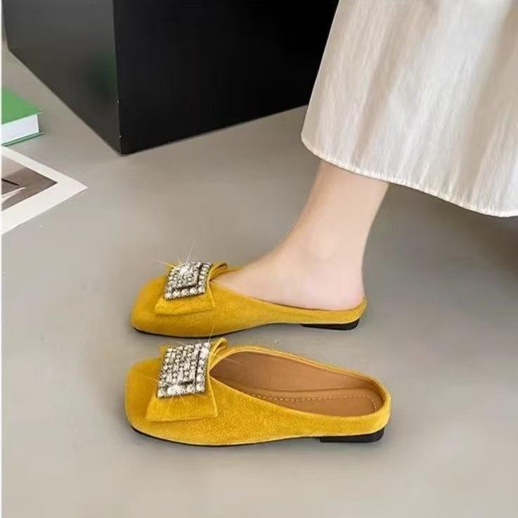 Fashion Bag Head Half Slippers Women's New Summer Wear Versatile Non-slip Rhinestone Square Head Flat Sandals