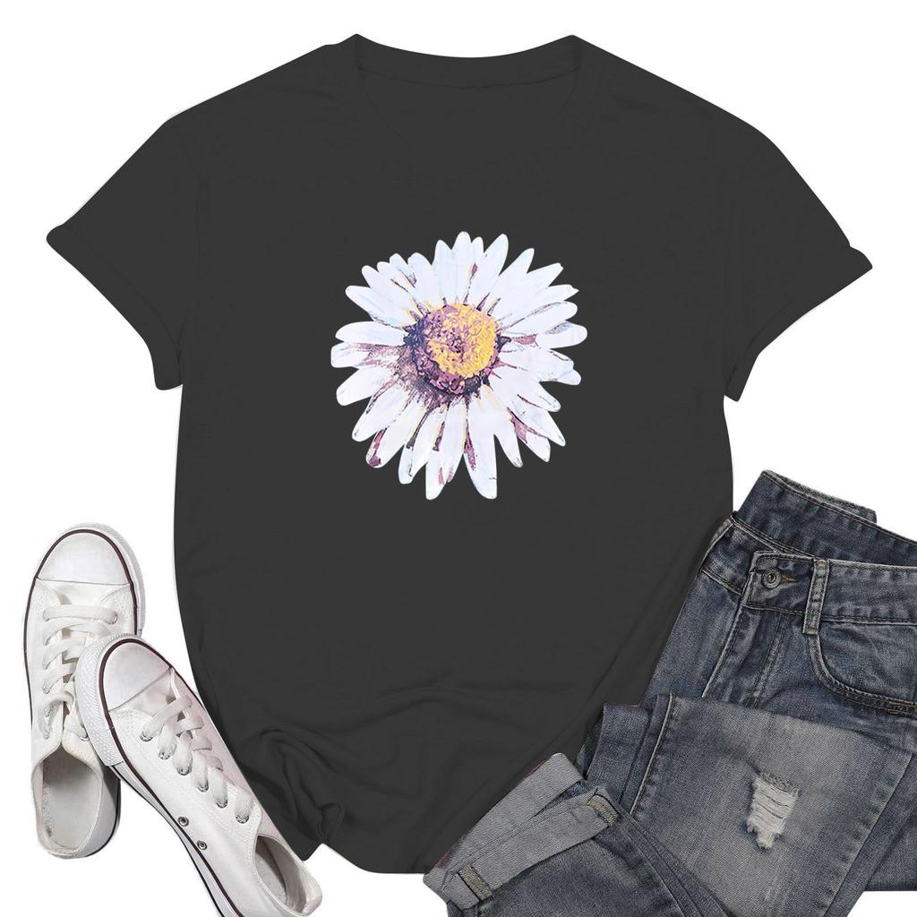 Женская повседневная футболка с принтом хризантемы, пуловер с круглым вырезом, топ с короткими рукавами