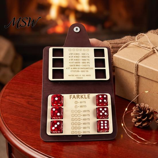 Travel Dice Game Farkle Board Game, with Faux Leather Case, 6 Dices, Wooden Lightweight Scoreboard, Portable Tabletop for Family Party Night
