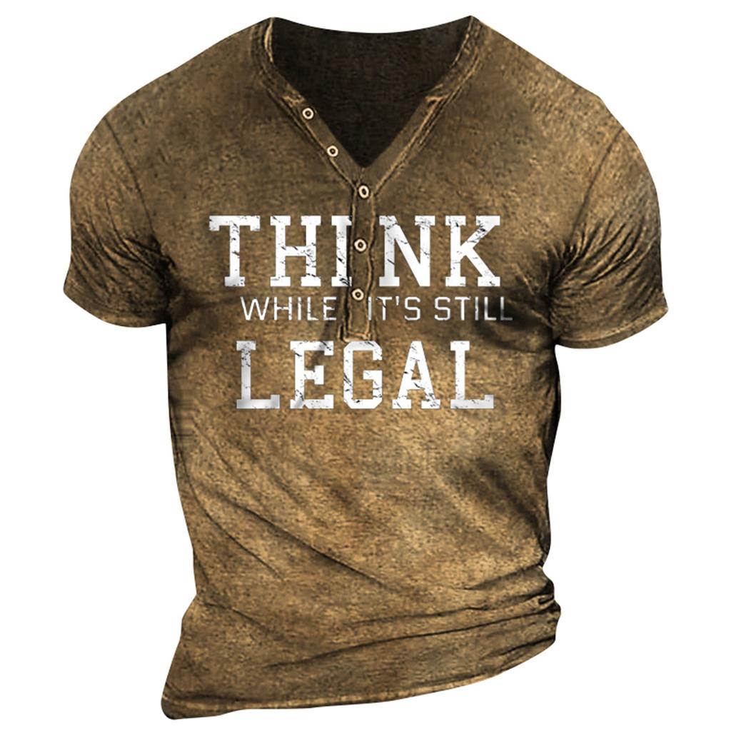 Men's Summer Casual Letter Pattern Print Button V Neck Short Sleeve T-Shirt Men Tops