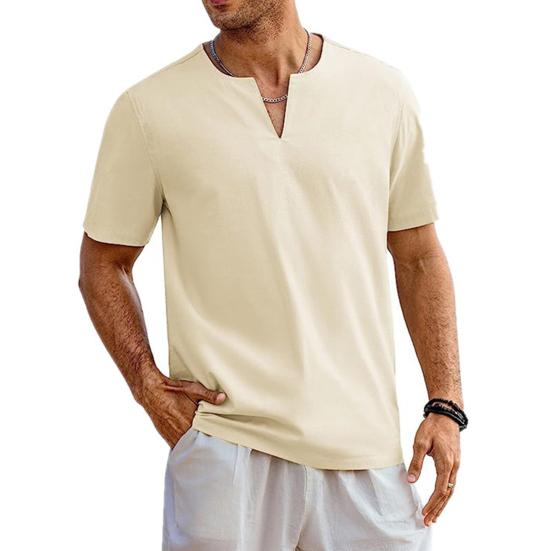 Мужская летняя футболка однотонная с коротким рукавом и v-образным вырезом, мягкий дышащий хлопок и лен, пуловер средней длины, повседневный повседневный пляжный топ