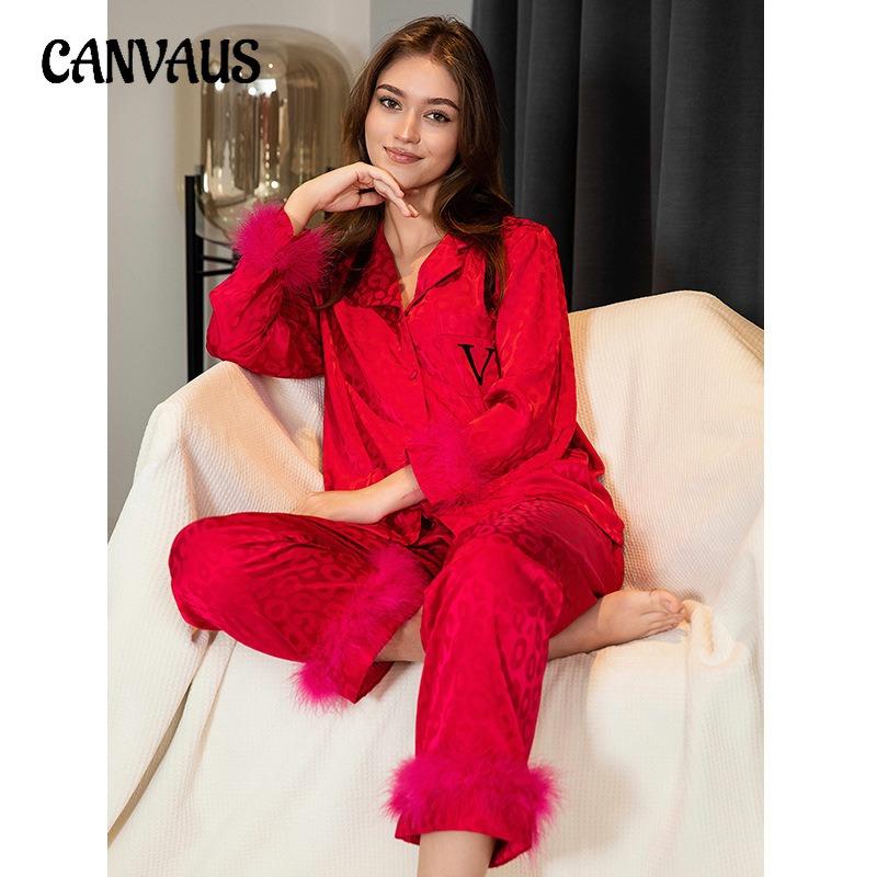 Women's Modal Cotton New Ice Silk Pajamas Loose Leopard Jacquard Long-sleeved Homewear with Feathers Simulation Silk Pajamas Set