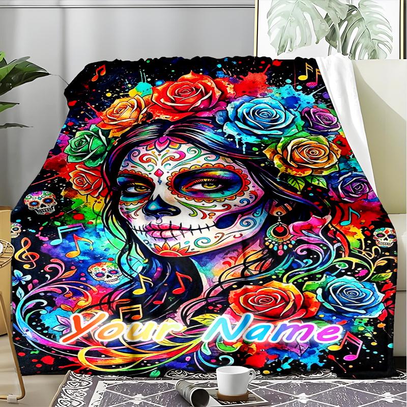 1PC Custom Name Colorful Sugar Skull Art flannel blanket versatile,all-season throw suitable for the living room,bedroom,camping,travel,and gift