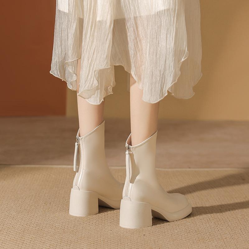 Осень и зима новые маленькие короткие ботинки женские толстый каблук тонкие ботинки круглый носок супермягкая толстая подошва белые короткие ботинки тренд