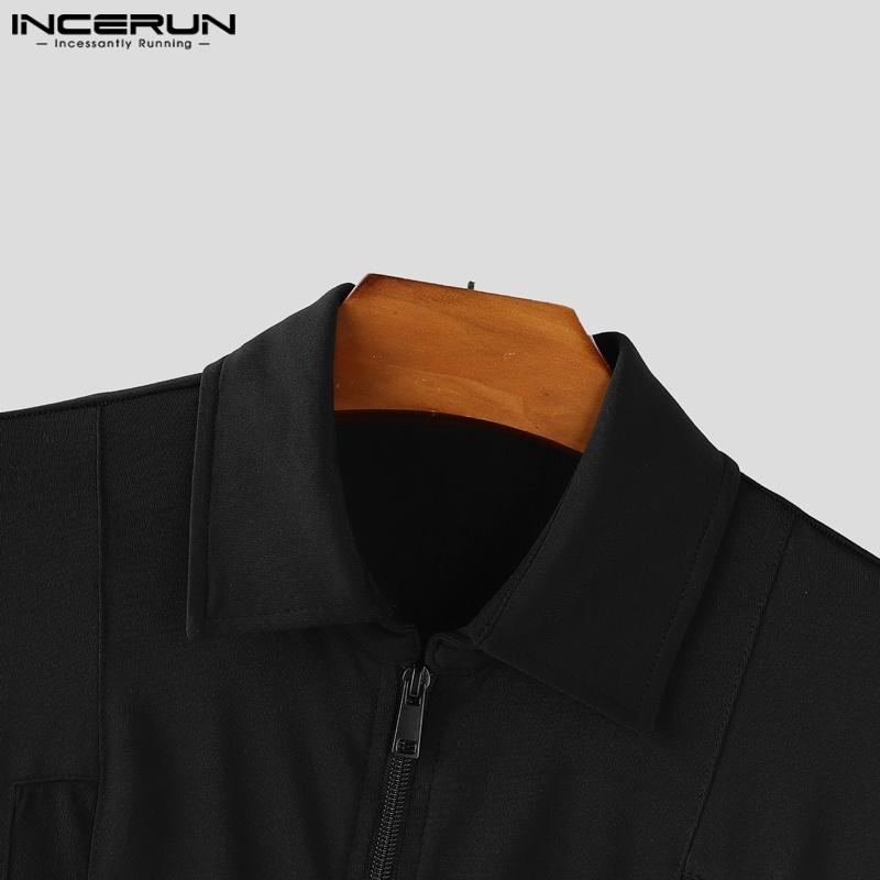 INCERUN Men Short Sleeve Mesh Sheer Patchwork Fitted Jumpsuits Romper Bodysuits Pajamas