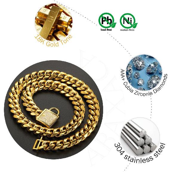 Designer Dog Collar Gold Metal Stainless Steel with Zirconia Lock 14mm 18K Gold Big Dog Luxury Training Collar Cuban Lock Link Necklace Chain(10