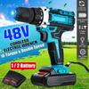 28N.m Rechargable Electric Hammer Drill Max Torque LED Light Screwdriver 1/2 Battery 1 Charger 48V 1500W