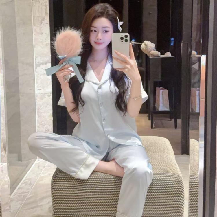 1011 new pajamas women's summer thin ice and snow silk short-sleeved trousers two-piece set summer loose loungewear