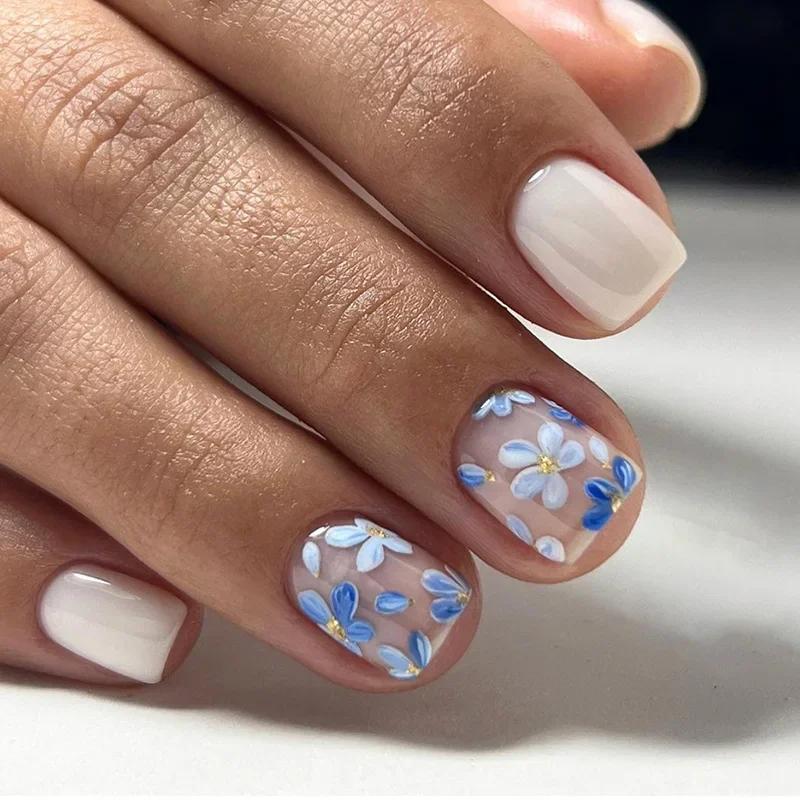 24Pcs Pink Retro Floral Short Square Press On Nails Full Cover False Nail Tips For Women Manicure