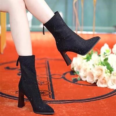 Модные ботильоны на высоком каблуке Осень Новые Заостренный носок Пайетки Задняя молния Противоскользящие Износостойкие Одинарные