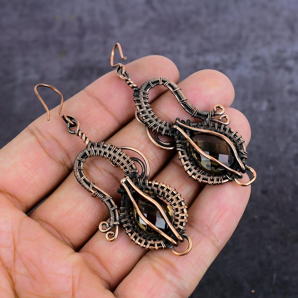 Серьги-обертки из натурального дымчатого топаза с медной проволокой 2,96 дюйма p4e44