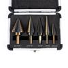 British 5-Piece Step Drill Set with Triangular Handle, High-Speed Steel, Yellow Coating.