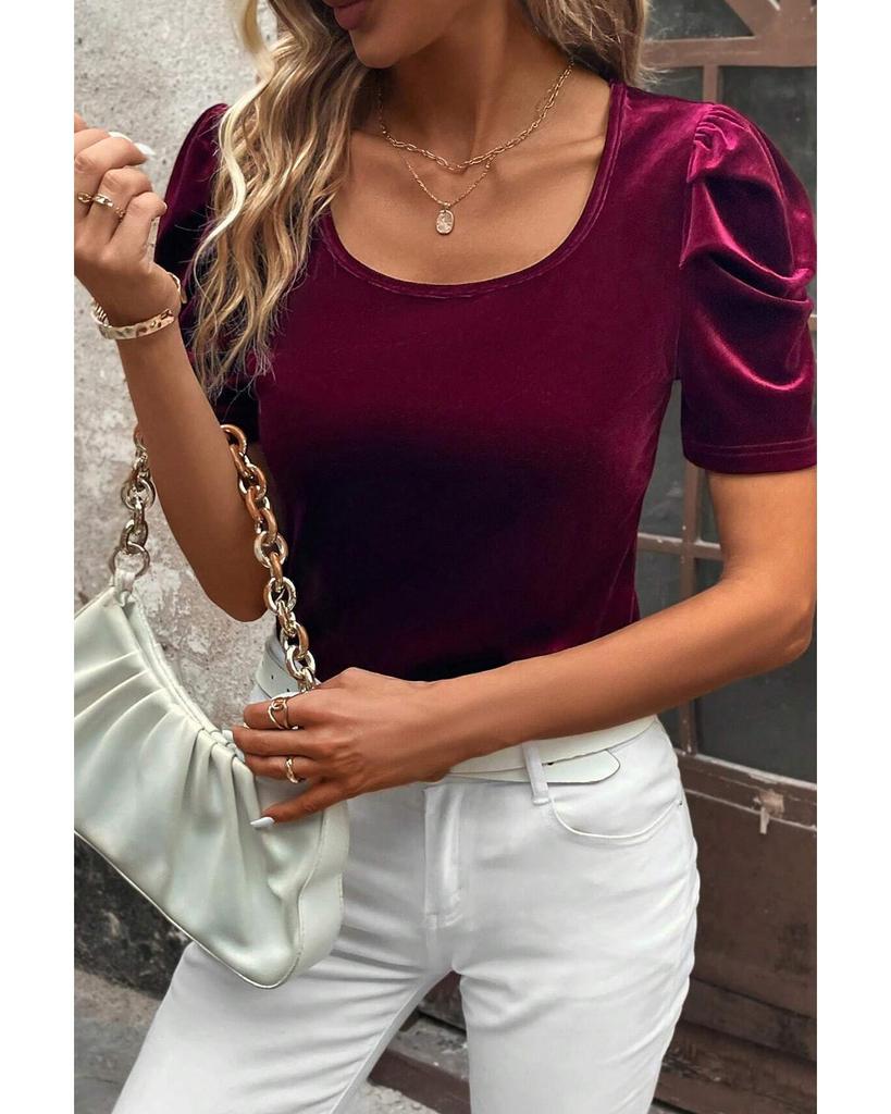 Azura Exchange Burgundy Short Puff Sleeve Velvet Top