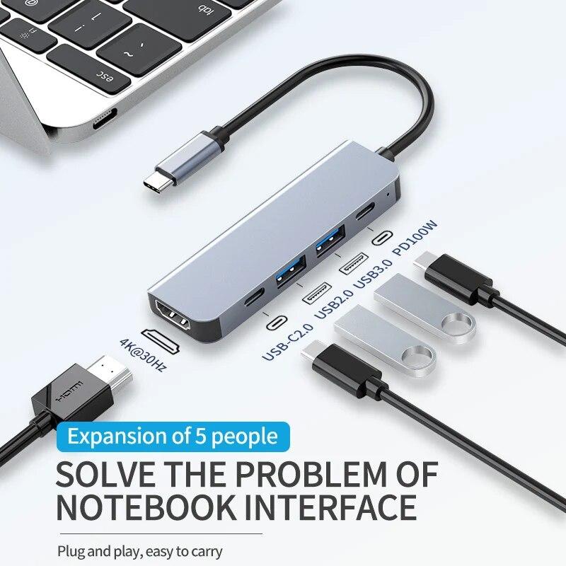 Концентратор USB 3.0 5-в-1 Концентратор типа C с портом USB-C с питанием PD 100 Вт, зарядка HDMI 4K, 30 Гц для MacBook Mac Pro iMac XPS ПК