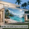 2D flat natural landscape banner background fabric - Tropical bay theme, featuring rainbows, waterfalls and coconut trees