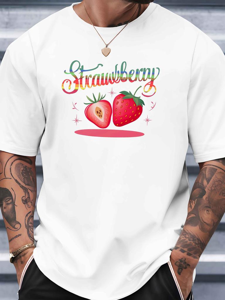 Cute Fruit Unisexs Crew Neck Cotton T Shirt Rainbow Script Strawberry Cartoon Berry Print Short Sleeve Casual Street Fashion Top