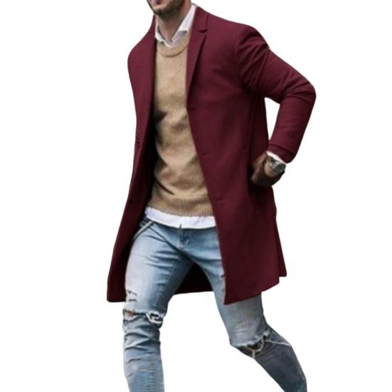 Мужская ветровка с лацканами, длинный рукав, однобортная теплая верхняя одежда с карманами, однотонная куртка средней длины, пальто