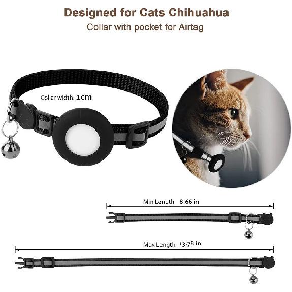 Airtag Cat Collar, Reflective Breakaway Safety Buckle with Bell, Adjustable Anti-Lost GPS Collar Holder for Kittens Puppies