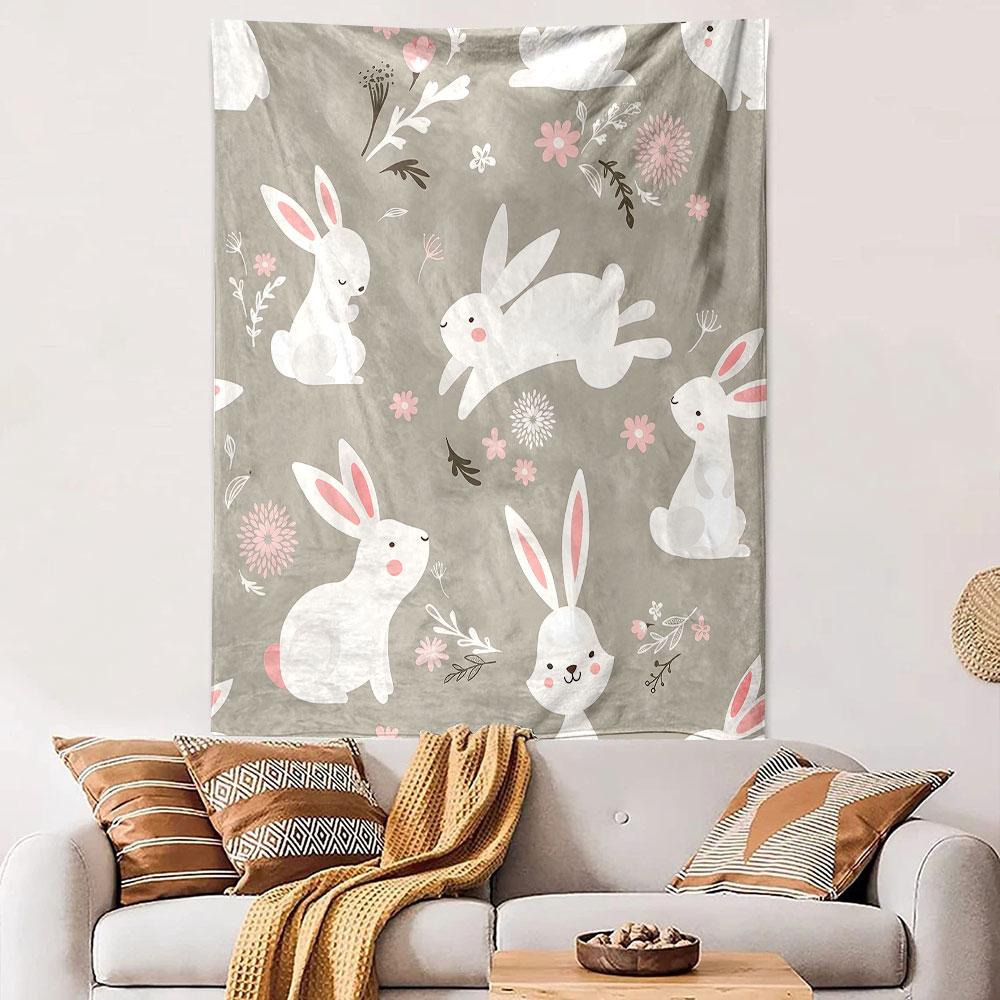 Cute White Rabbits with Floral Pattern Patterned Tapestry Decorative Wall Hanging, Home Bedroom Living Room Decor