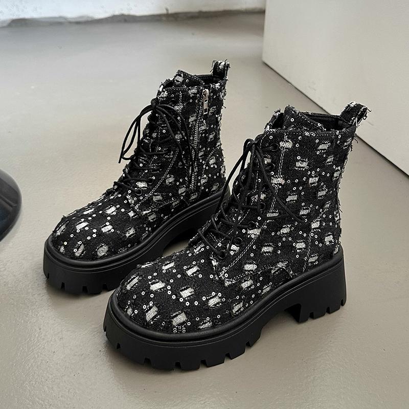Ботильоны на толстой платформе с панковскими блестками для женщин 2024 Y2K, джинсовые ботинки с толстой подошвой в стиле пэчворк, женские черные готические ботинки Mujer
