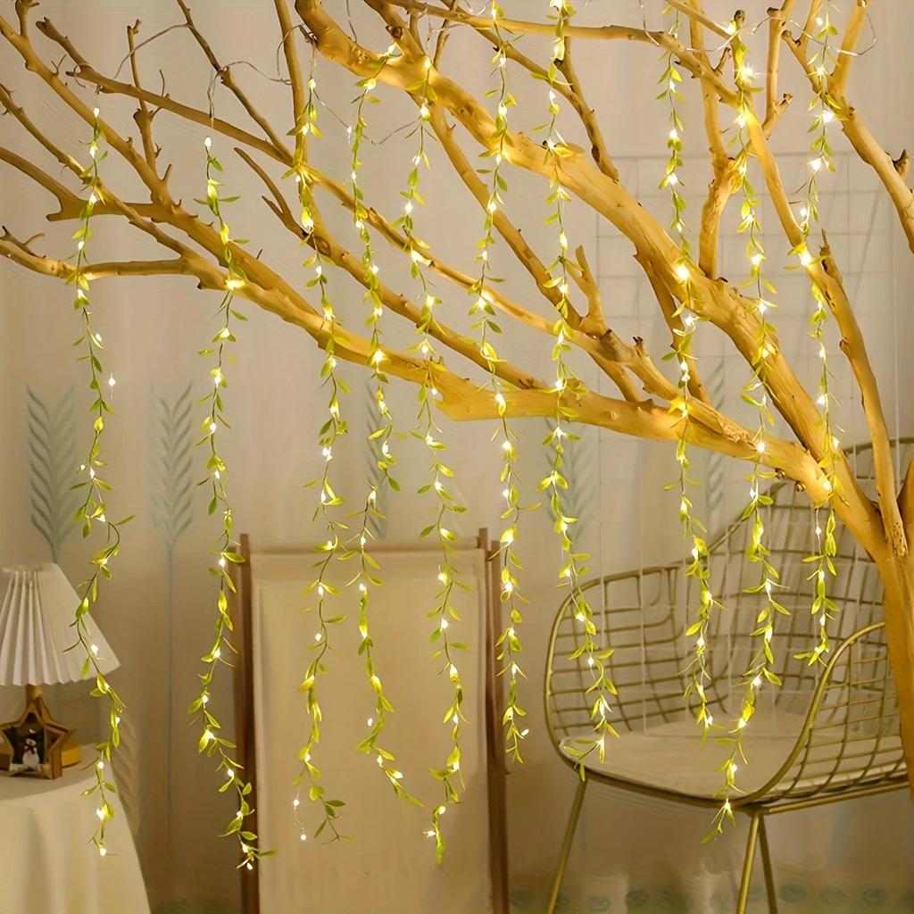 2 M 20 LEDS Always On Battery Box Willow Curtain Lamp Decorative Light String Imitation Leaf Wrought Iron Basket Copper Wire
